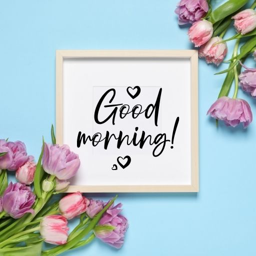 A white frame with the words "Good Morning!" in cursive script is surrounded by pink and purple tulips on a light blue background.