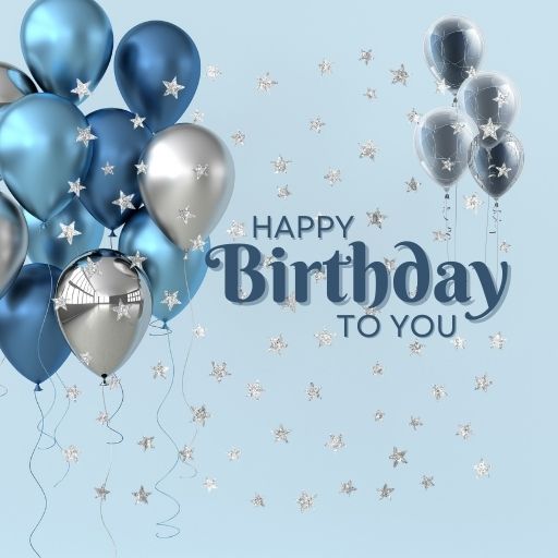  Blue and silver balloons with confetti, forming a festive birthday background. The text "Happy Birthday to You" is displayed in a stylish font.