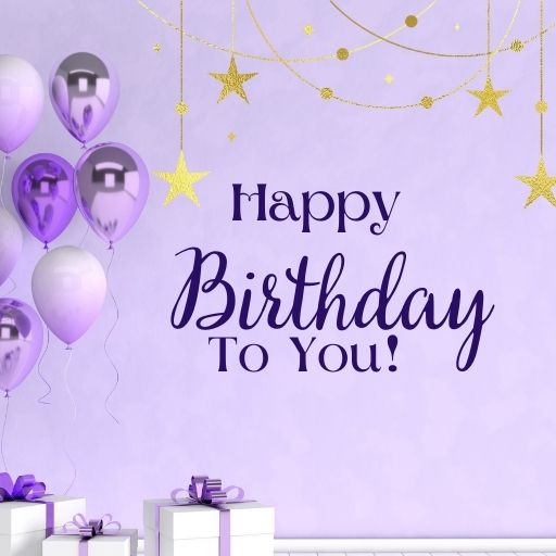  Purple and white balloons with gold stars and streamers, with the text "Happy Birthday to You!" on a light purple background.