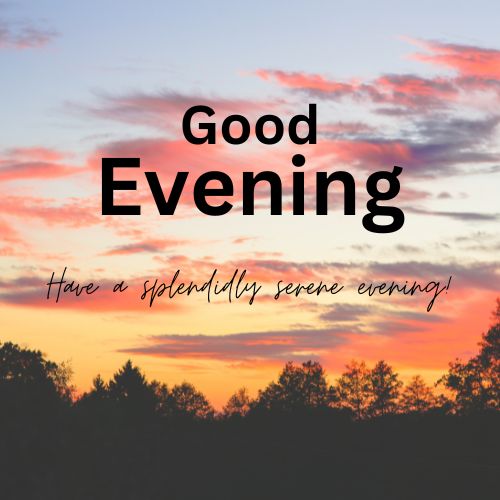  A vibrant sunset over a forest with a gradient sky transitioning from orange to pink. The text "Good Evening" and "Have a splendidly serene evening!" is superimposed on the image in bold, dark text.