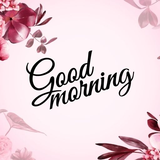  A pink background with a floral border of dark pink flowers and leaves. The text "Good Morning" is written in elegant black cursive script in the center.