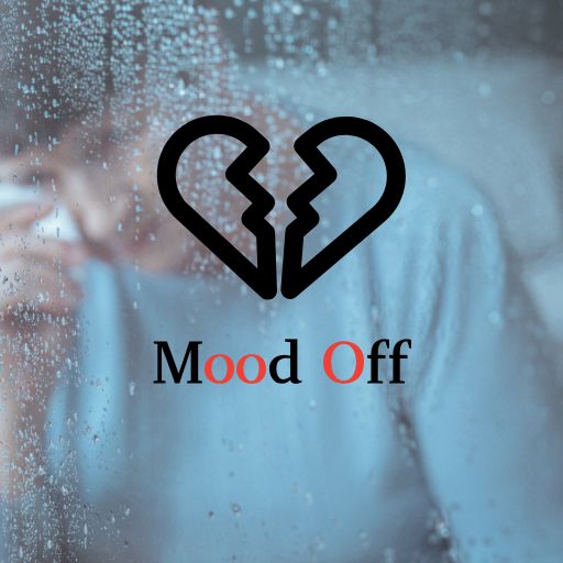 A woman looking at her phone with the words "mood off" displayed on the screen.