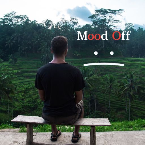  A man sitting on a bench, looking at rice fields with a text saying "mood off".