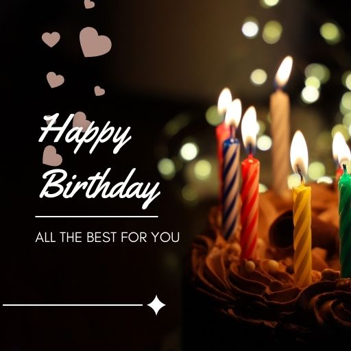 Birthday cake with lit candles, a festive background, and the text "Happy Birthday. All the best for you."