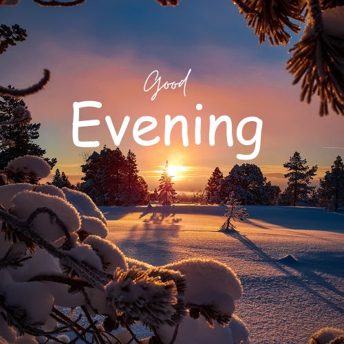 A scenic winter sunset over a snowy landscape. The sun is setting behind a line of trees, casting long shadows on the snow-covered ground. The text "Good Evening" is superimposed on the image in a handwritten font.