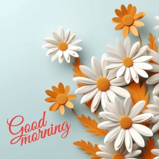 A blue background with white daisies and orange accents arranged in a paper cut-out style. The text "Good Morning" is written in elegant cursive script at the bottom left corner.