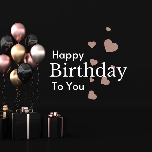 Elegant happy birthday image featuring black, gold, and silver balloons, gift boxes, and delicate hearts on a black background.








