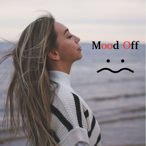 A woman with long hair standing on the beach looking upset, with the words "mood off" written in the sand.