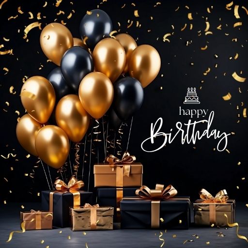 Elegant happy birthday image with gold and black balloons, gift boxes, and confetti.