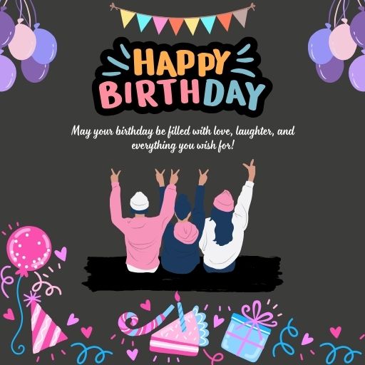  A birthday card featuring three people celebrating with raised hands, surrounded by balloons, confetti, and party decorations. The card includes the text "Happy Birthday" and a birthday wish.