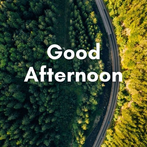 An aerial view of a winding road through a dense green forest. The text "Good Afternoon" is superimposed on the image in bold, white letters.