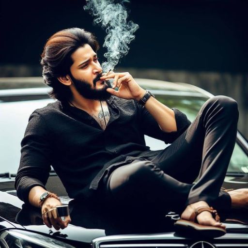 a man sitting on a car smoking a cigarette