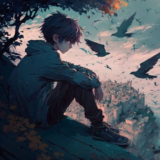 a boy sitting on a ledge with birds flying around him