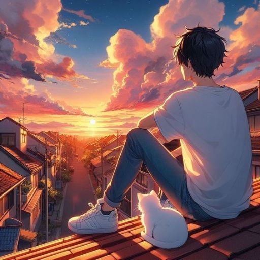 A person sits on a rooftop with a white cat, watching the sunset over a suburban neighborhood with colorful clouds in the sky.