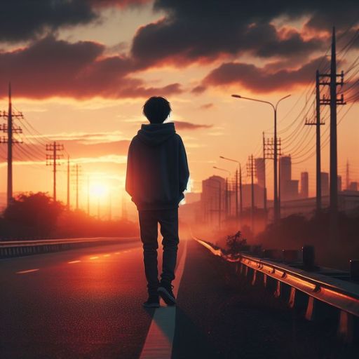 a person standing on the side of a road at sunset