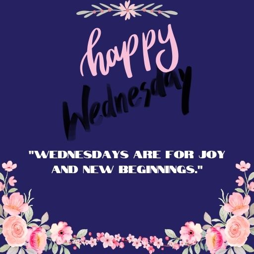 a happy wednesday message with pink flowers on a purple background