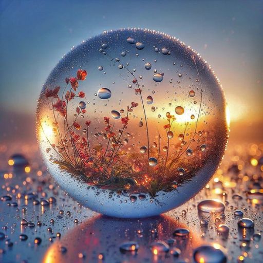 A crystal ball with flowers inside surrounded by water droplets against a sunset backdrop