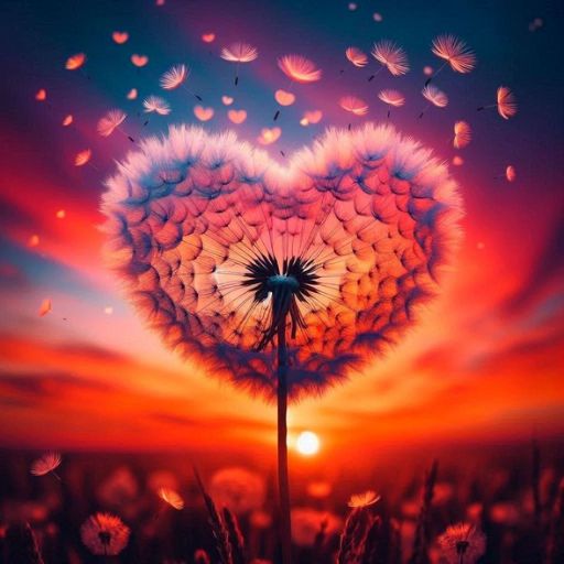 A dandelion seed head shaped like a heart against a vibrant sunset, with seeds dispersing in the air