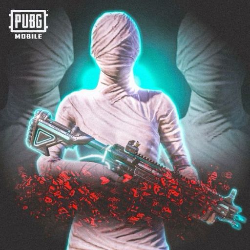 A figure in a white suit and headwrap holds a futuristic gun with glowing elements, _PUBG Mobile_ text above