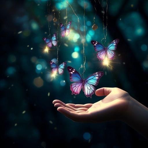 A hand reaching out to glowing butterflies with bokeh lights in the background