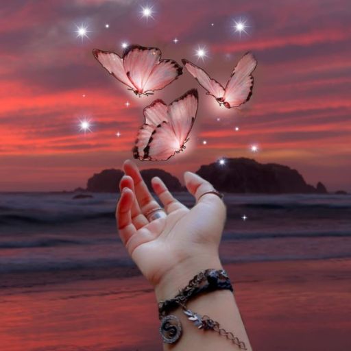 A hand releasing pink butterflies against a twinkling sunset sky by the sea