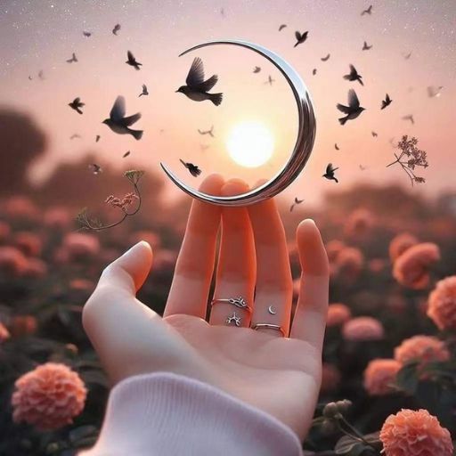 A hand with rings holds a crescent-shaped mirror reflecting the sun amidst birds and a field of roses