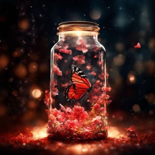 A monarch butterfly inside a glass jar with pink flowers, against a sparkling dark background