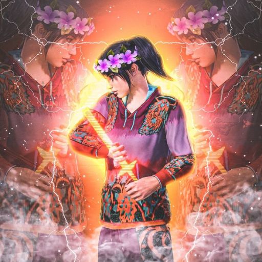 A person in a colorful garment holds a glowing sword, with a fiery, mystical backdrop and mirror images of an eagle