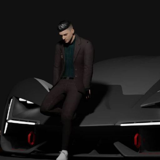 A person leaning on a dark sports car in a dimly lit setting