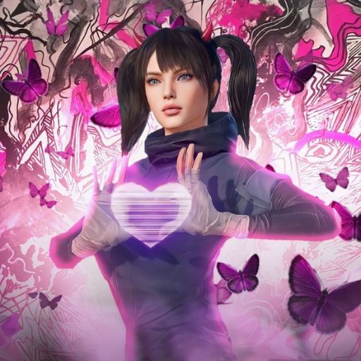 A person with pigtails making a heart shape with hands against a vibrant pink butterfly background