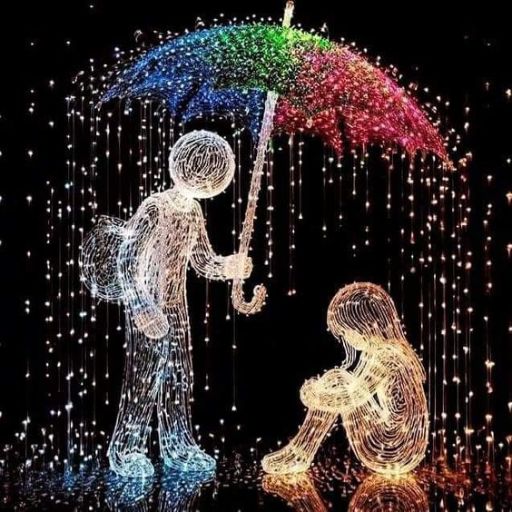 A sculpture of two figures, one standing with a colorful umbrella, the other sitting down, both surrounded by lights