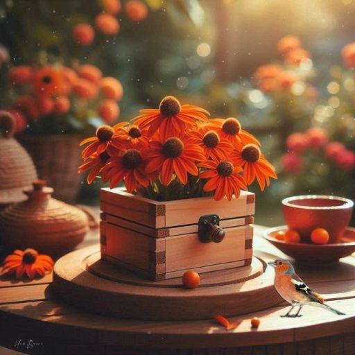 A serene setting with vibrant orange flowers in a wooden box, a small bird on the side, and sunlight filtering through