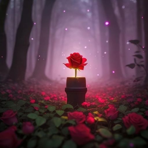 A single red rose glowing amidst a mystical fog-covered forest floor blanketed with roses