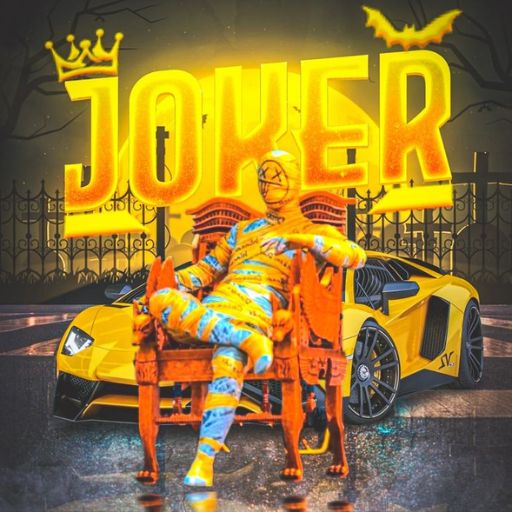 A stylized image depicting a figure dressed as the Joker sitting in a chair in front of a yellow sports car with _JOKER_ text above