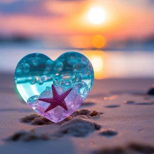 A transparent heart-shaped object with a starfish inside on a sandy beach at sunset