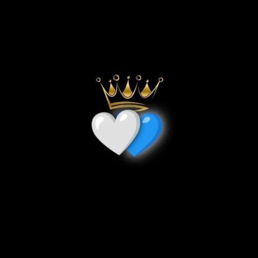 A white heart beside a blue heart, both under a golden crown, set against a black background