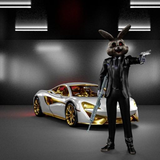 An anthropomorphic rabbit in a suit holding weapons next to a luxury car