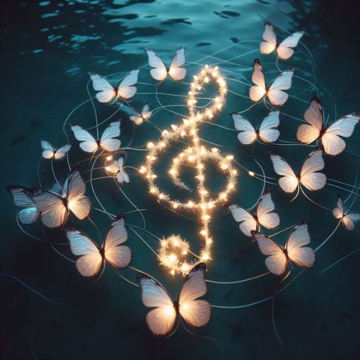 Butterflies forming a treble clef with glowing lines on water's surface