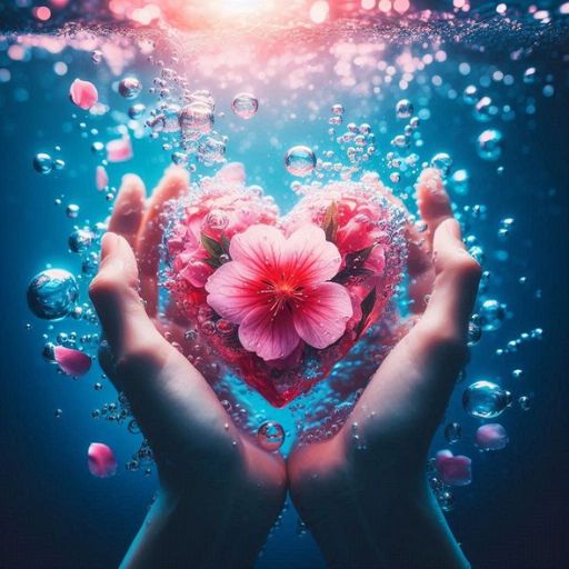 Hands cradling a pink flower surrounded by bubbles and petals underwater with a heart-shaped light glow