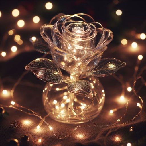 Illuminated clear glass rose surrounded by warm fairy lights, with a soft bokeh background