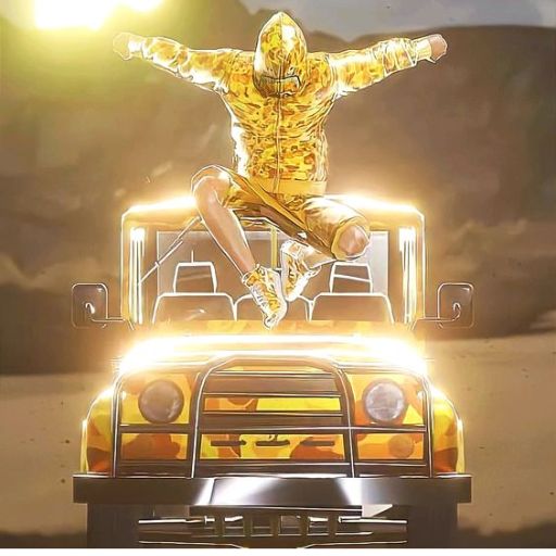 Person in a golden outfit sitting atop a jeep with an illuminated front, set against a dusky backdrop