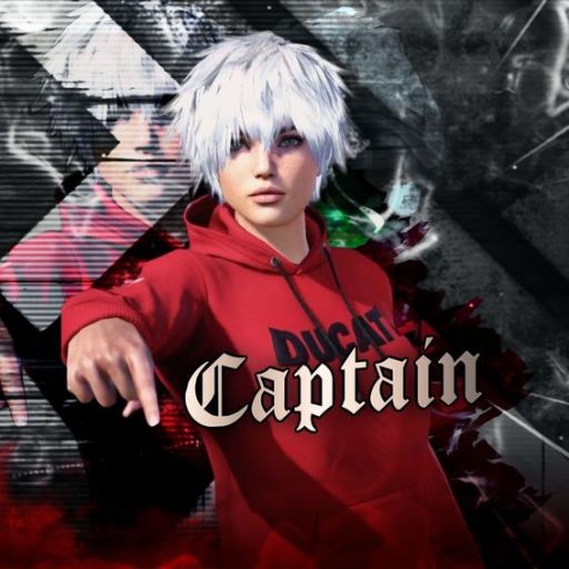 Person in a red _Captain_ hoodie with an artistic, abstract background in red, black, and white