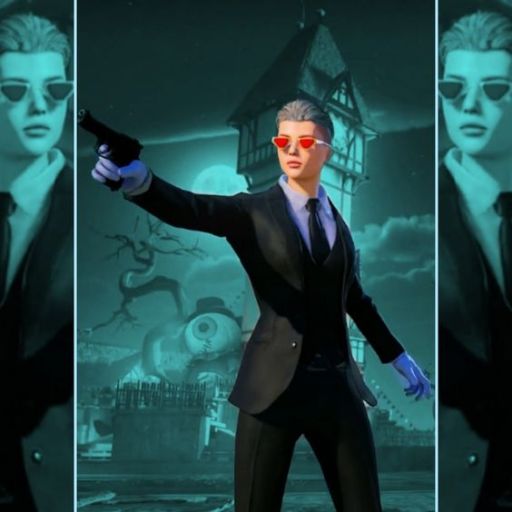 Person in a suit holding a gun with a spooky house background