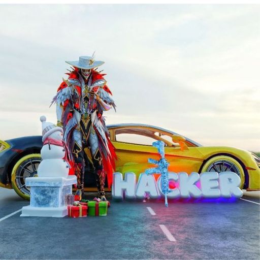 Person in vibrant costume by a sports car with _HACKER_ sign and ice sculpture