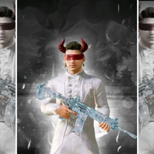 Person in white suit with red horns holding a blue-tinted rifle, against a dramatic backdrop