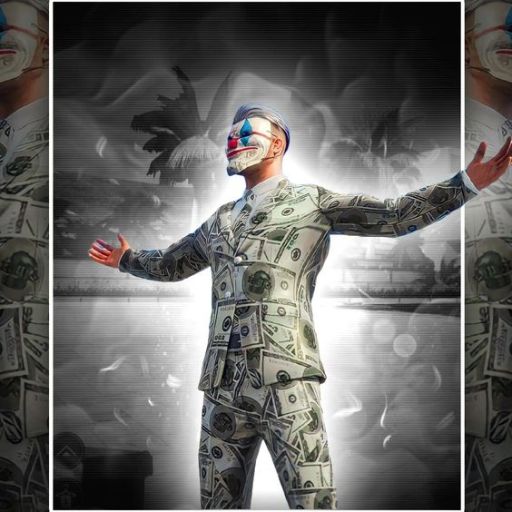 Person wearing a suit covered in dollar bills with arms spread, against a monochrome palm tree backdrop