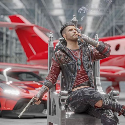 Person with a sword sitting on a throne, smoking, with a red plane and cars in the background