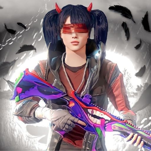 Person with blue pigtails holding a colorful gun, against a grayscale feathered background