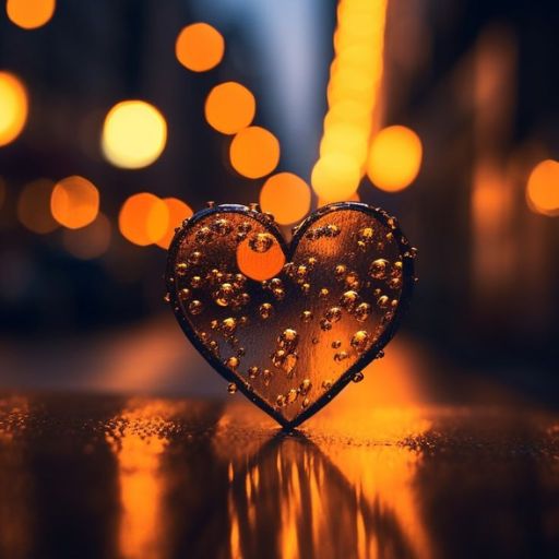 Transparent heart with water droplets on a reflective surface with warm bokeh lights in the background