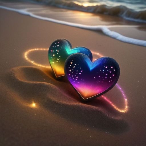 Two glowing heart shapes on a beach with waves and shimmering sand in the background